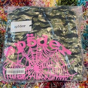 Sp5der Tiger Camo Hoodie with Pink Web Graphic